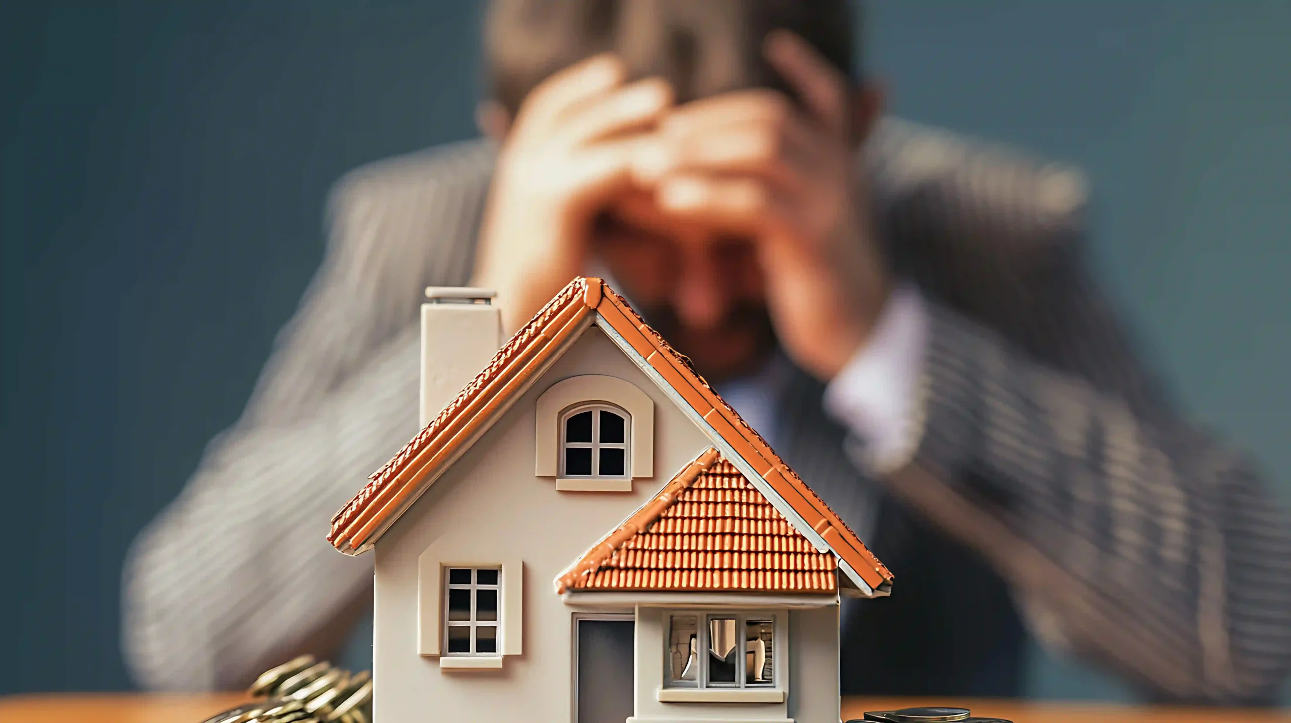 Sell house fast Stress Homeowner Man sitting behind house