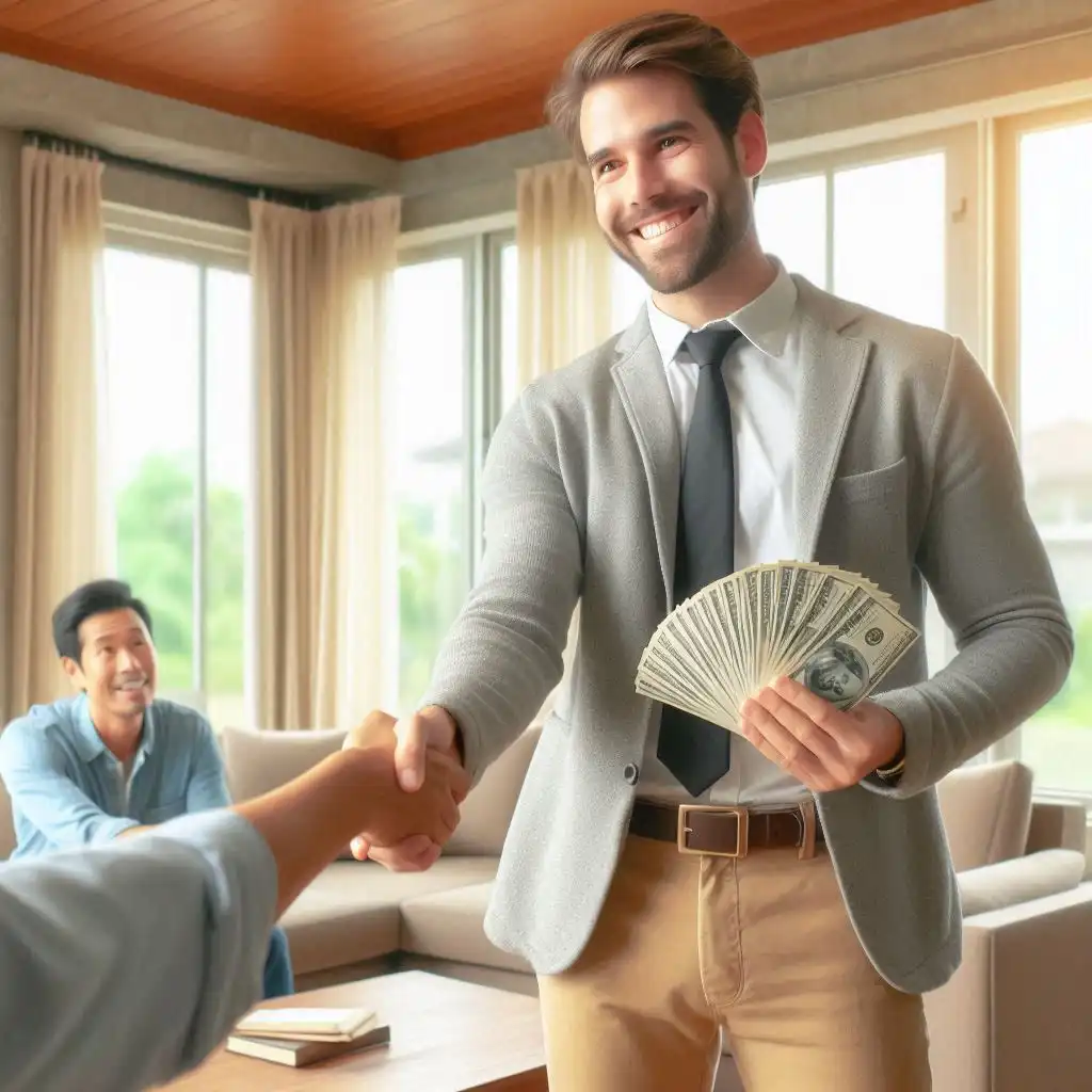 Cash buyer paying home owner for his house