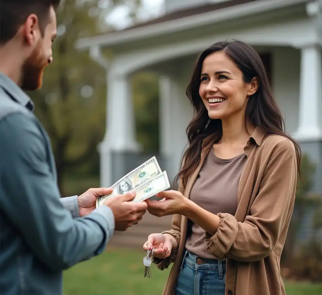 A cash buyer paying home owner for her house