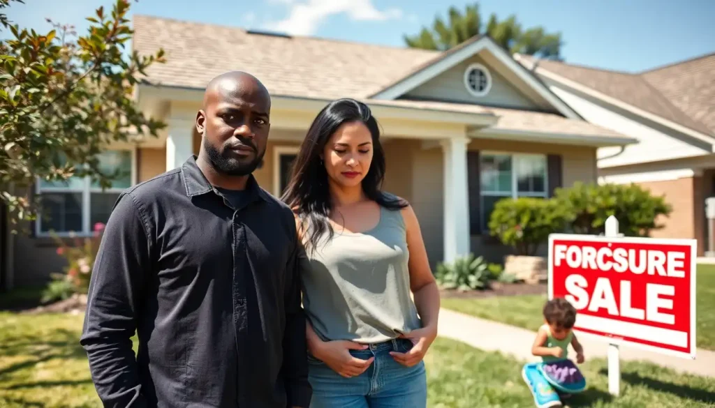Couple facing foreclosure with foreclosure sign in the background